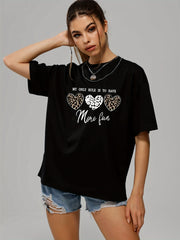 Leopard Heart Print T-Shirt Crew Neck Loose Short Sleeve Tee