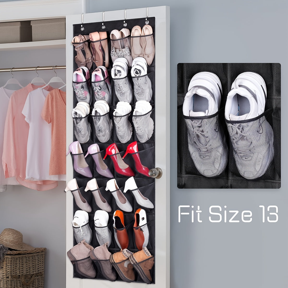 Over the Door Shoe Rack with 28 Large Pockets Hanging Shoe Organizer