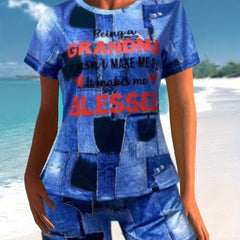 Letter Print Short Sleeve T shirt & Patchwork Shorts Set