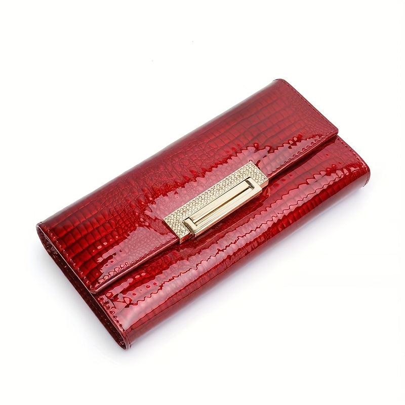 Red Patent Leather Long Clutch Purse Crocodile Texture Card Slots Golden Clasp
