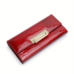 Red Patent Leather Long Clutch Purse Crocodile Texture Card Slots Golden Clasp