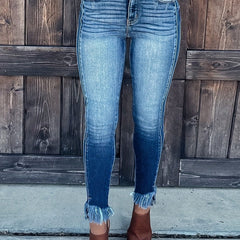 Washed Fringe Trim High Stretch Skinny Jeans