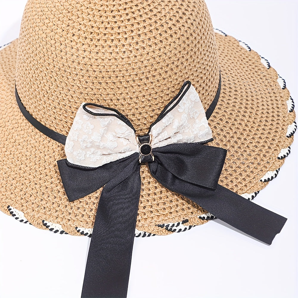 Women's Lace Satin Bow Sun Hat Wide Brim Straw Hat