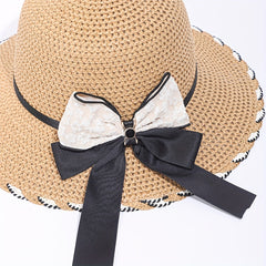 Women's Lace Satin Bow Sun Hat Wide Brim Straw Hat
