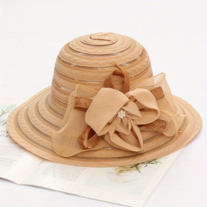 Striped Sun Hat Lace Flower Decor Organza Travel Beach Hats