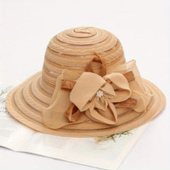 Striped Sun Hat Lace Flower Decor Organza Travel Beach Hats