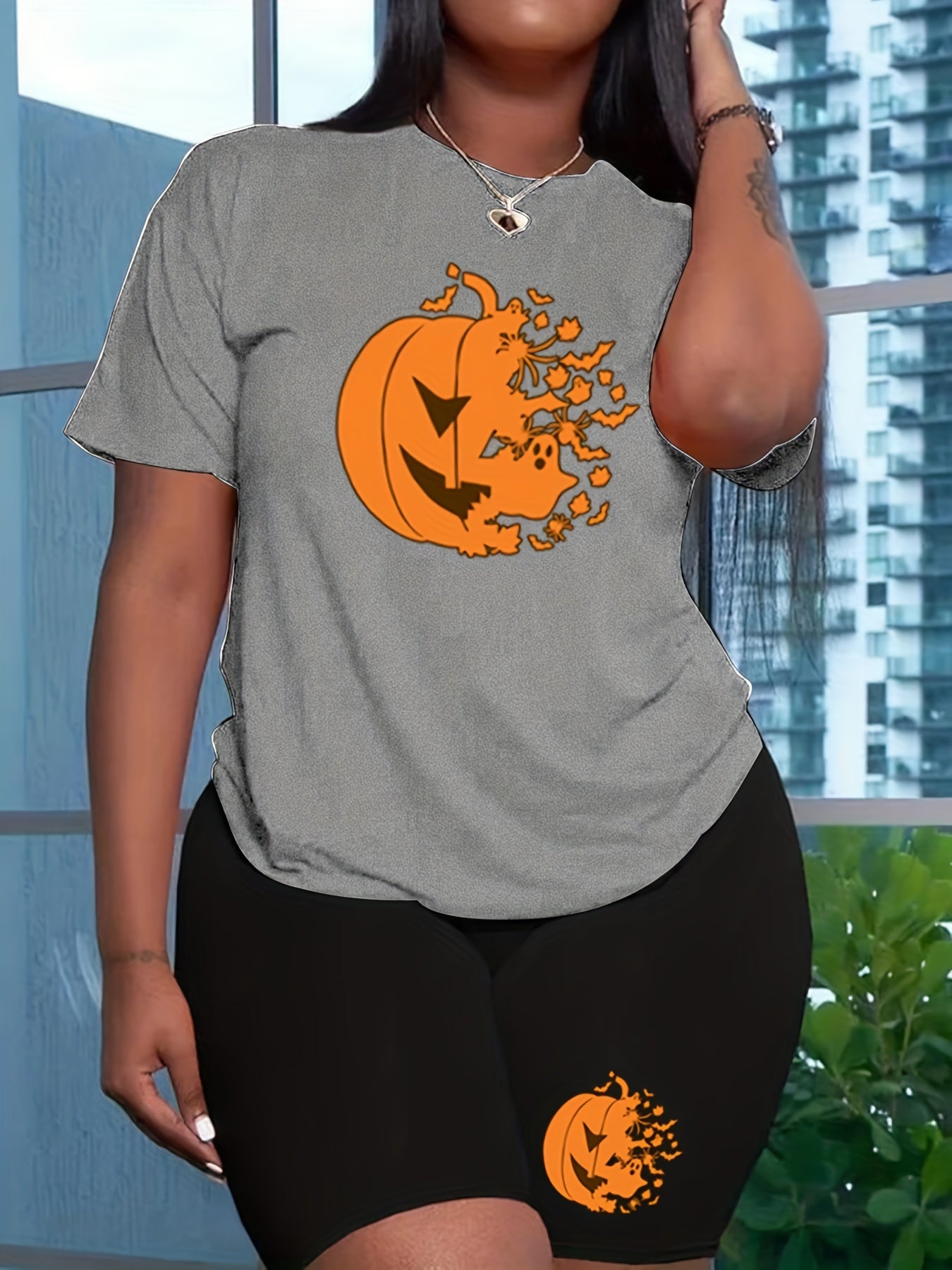 Halloween Pumpkin Print 2pc Set Tee & Biker Shorts Outfit