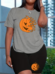 Halloween Pumpkin Print 2pc Set Tee & Biker Shorts Outfit