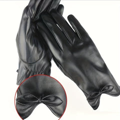 Solid Bow PU Gloves Warm Outdoor Riding Driving Coldproof Gloves