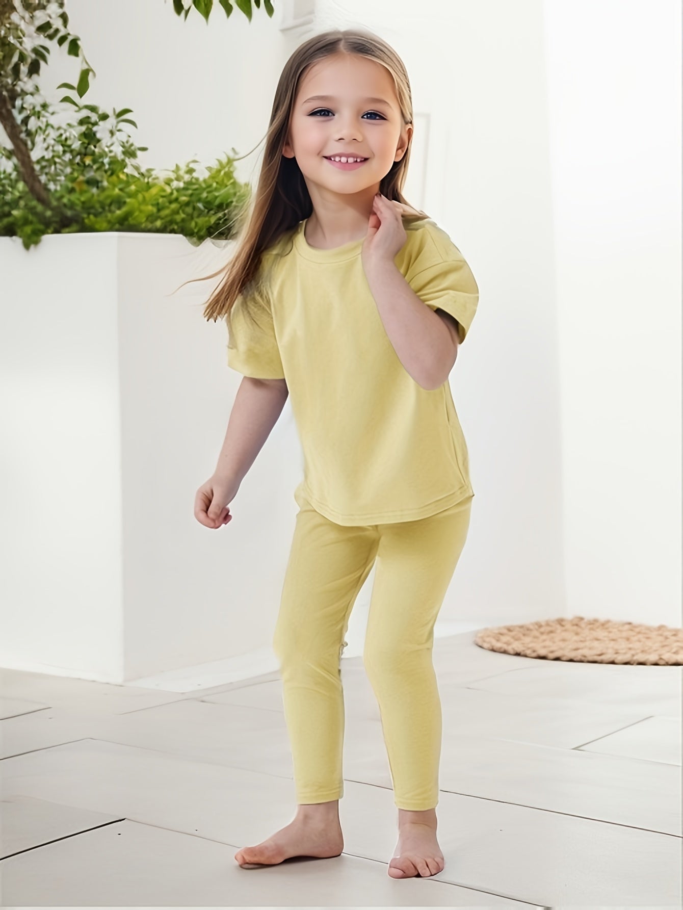 Girl's 2pcs T shirt & Leggings Set Solid Short Sleeve Top Casual Outfits