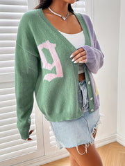 Letter Pattern Knit Cardigan Button Front Sweater