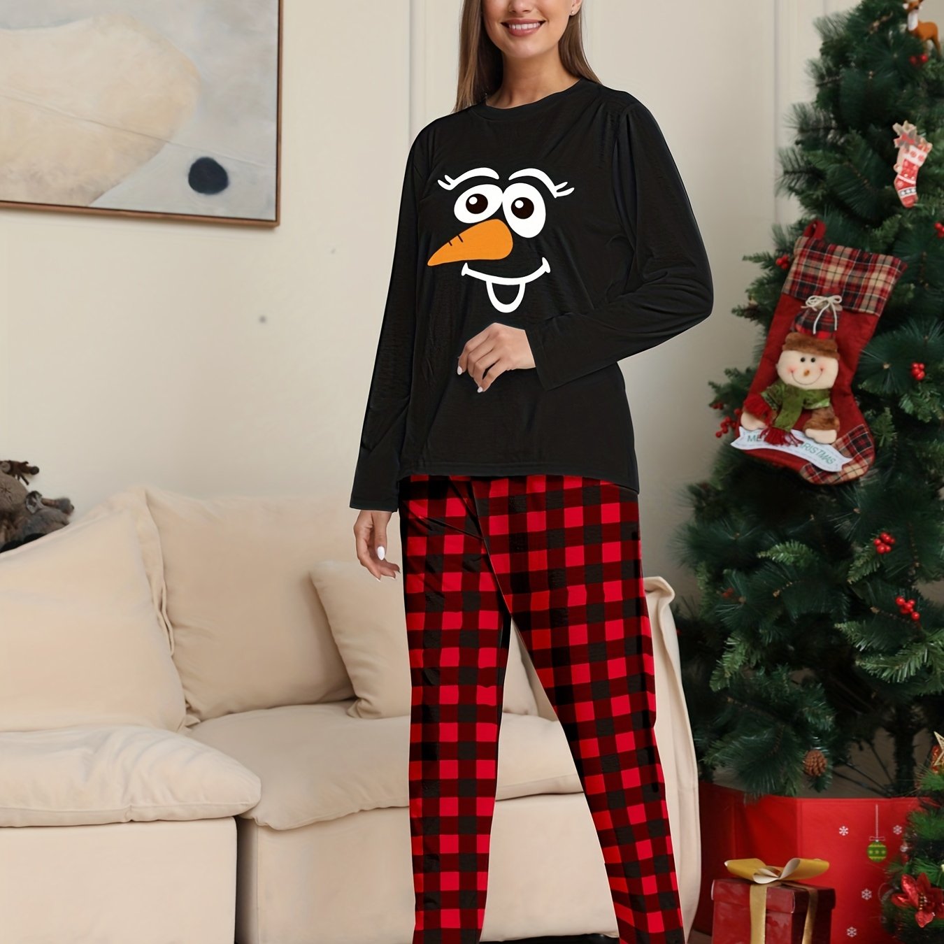Christmas Print Pajama Set Long Sleeve Top & Plaid Pants