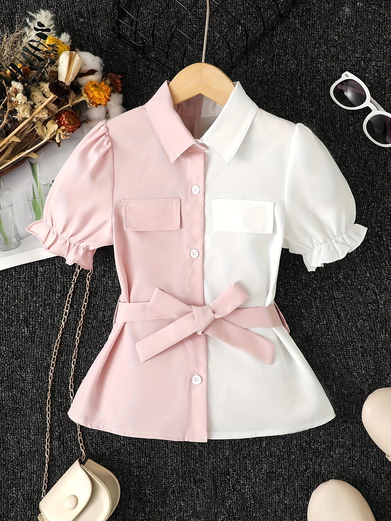 Girls Colorblock Collared Short Sleeve Blouse Tops