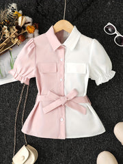 Girls Colorblock Collared Short Sleeve Blouse Tops