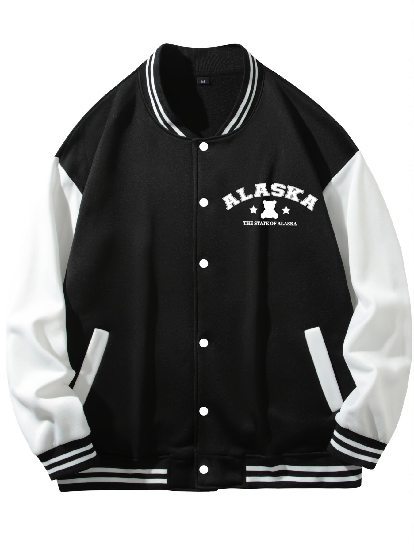 Bear Pattern Embroidery Varsity Jacket Men's Casual Button Up Jacket