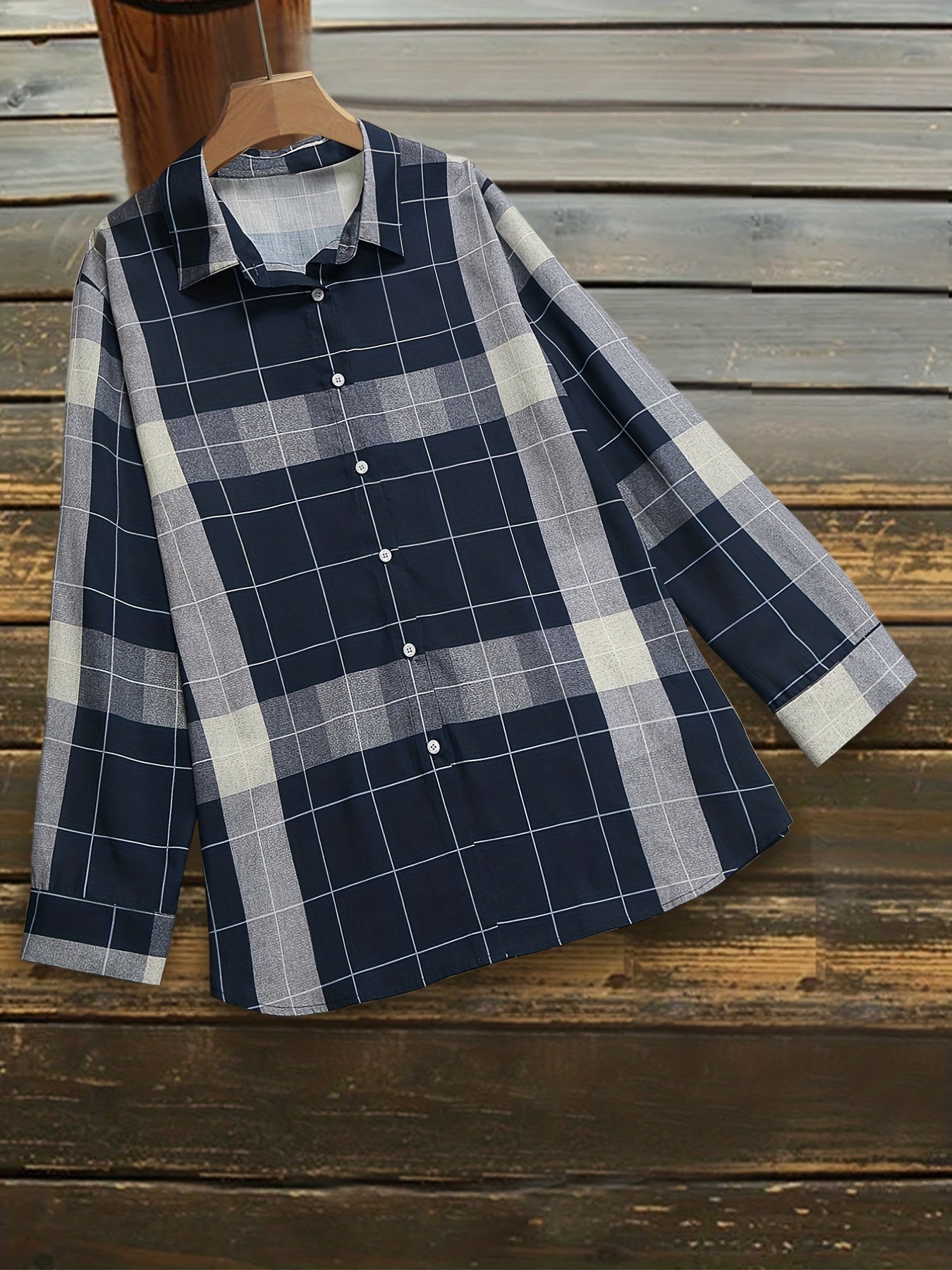 Grid Print Button Up Long Sleeve Blouse