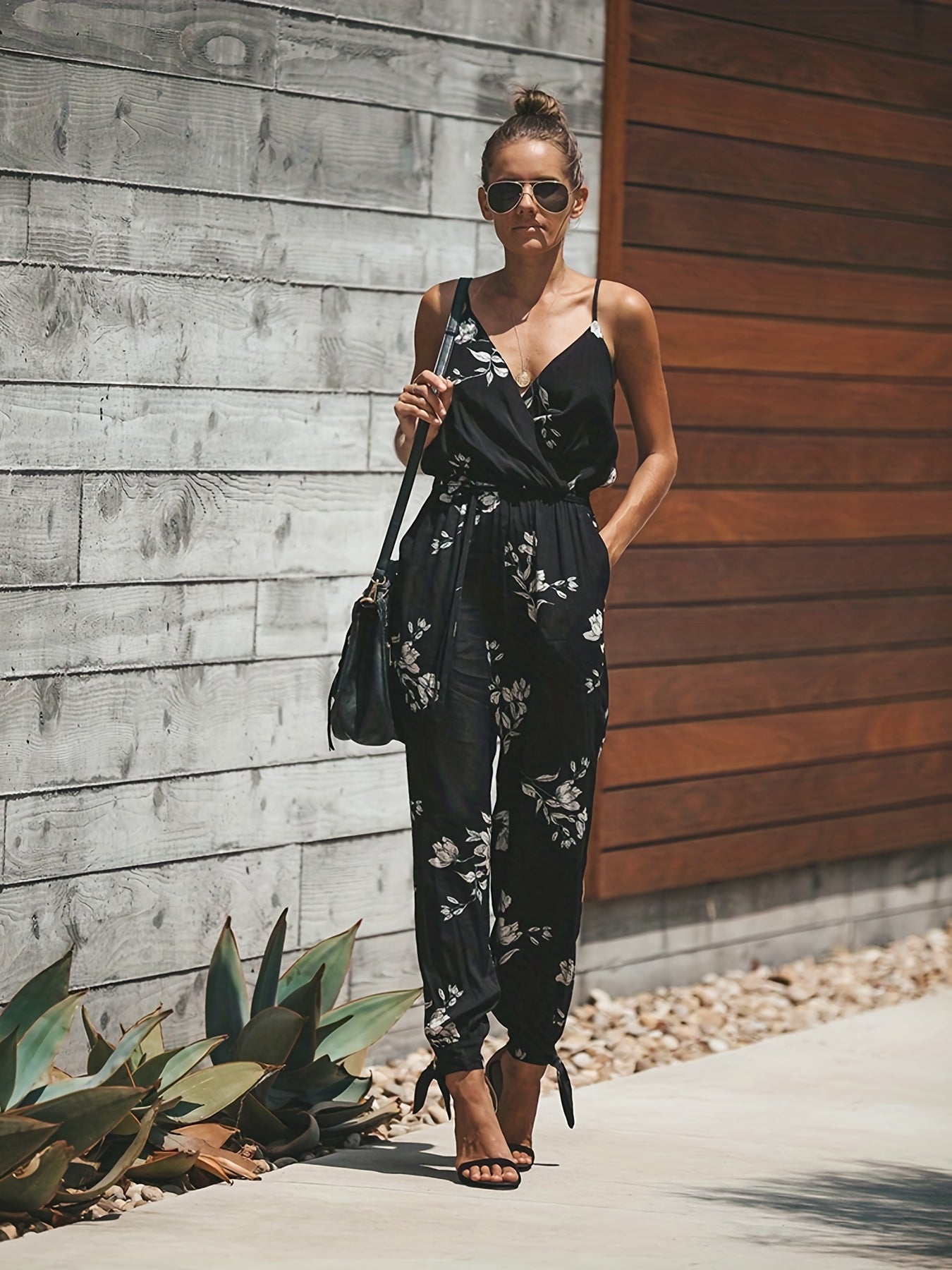 Leaves Print Split Jumpsuit Women's Clothing