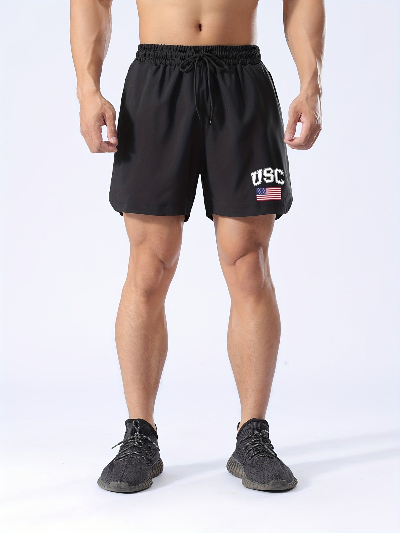 Quick Dry Drawstring Men's Swim Trunks Star And Stripes Print Board Shorts