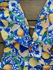 Lemon Print Ruffle Trim One Piece Swimsuit Deep V Neck Bathing Suit