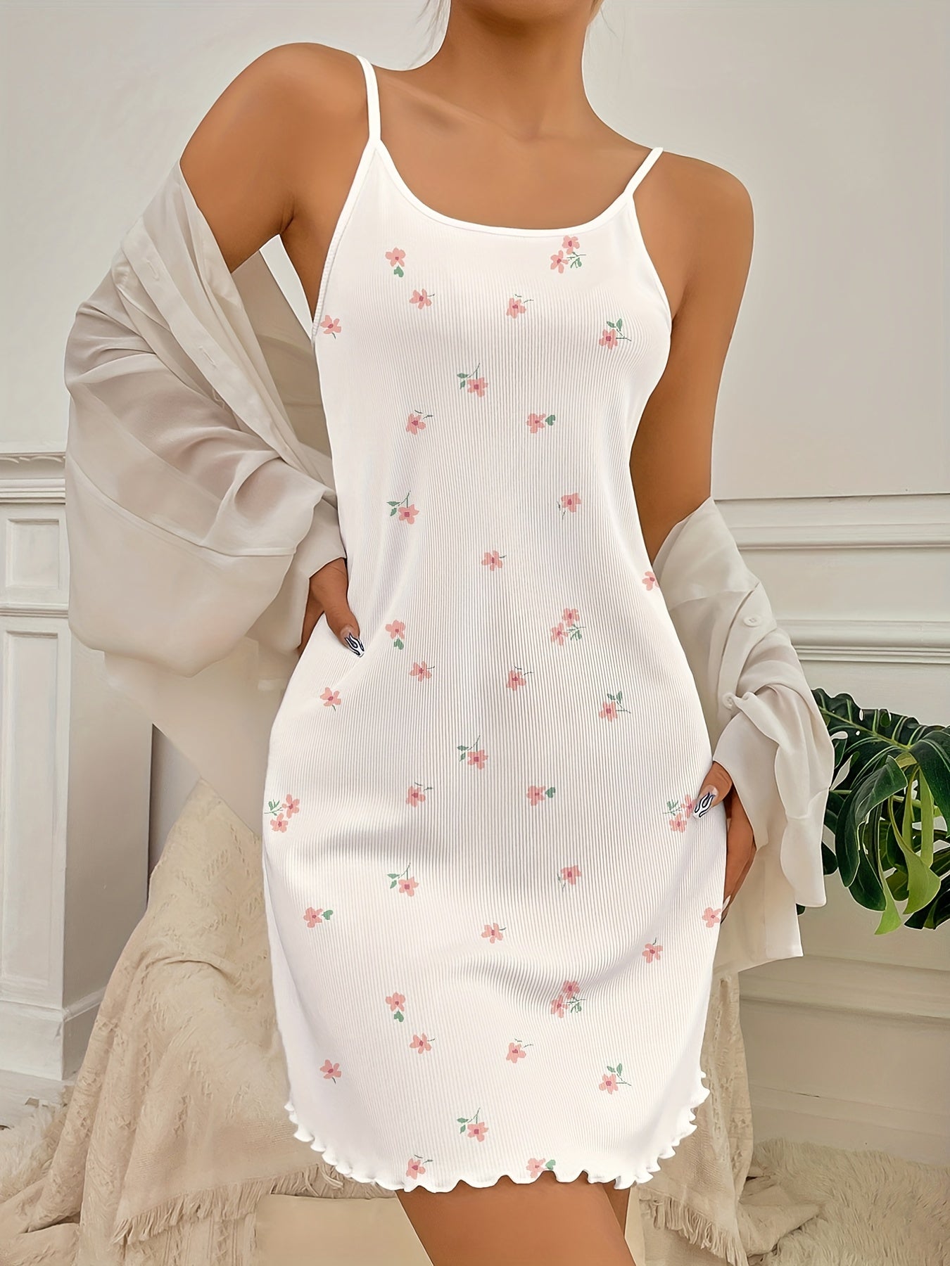 Floral Print Pajama Dress Spaghetti Straps Nightdress