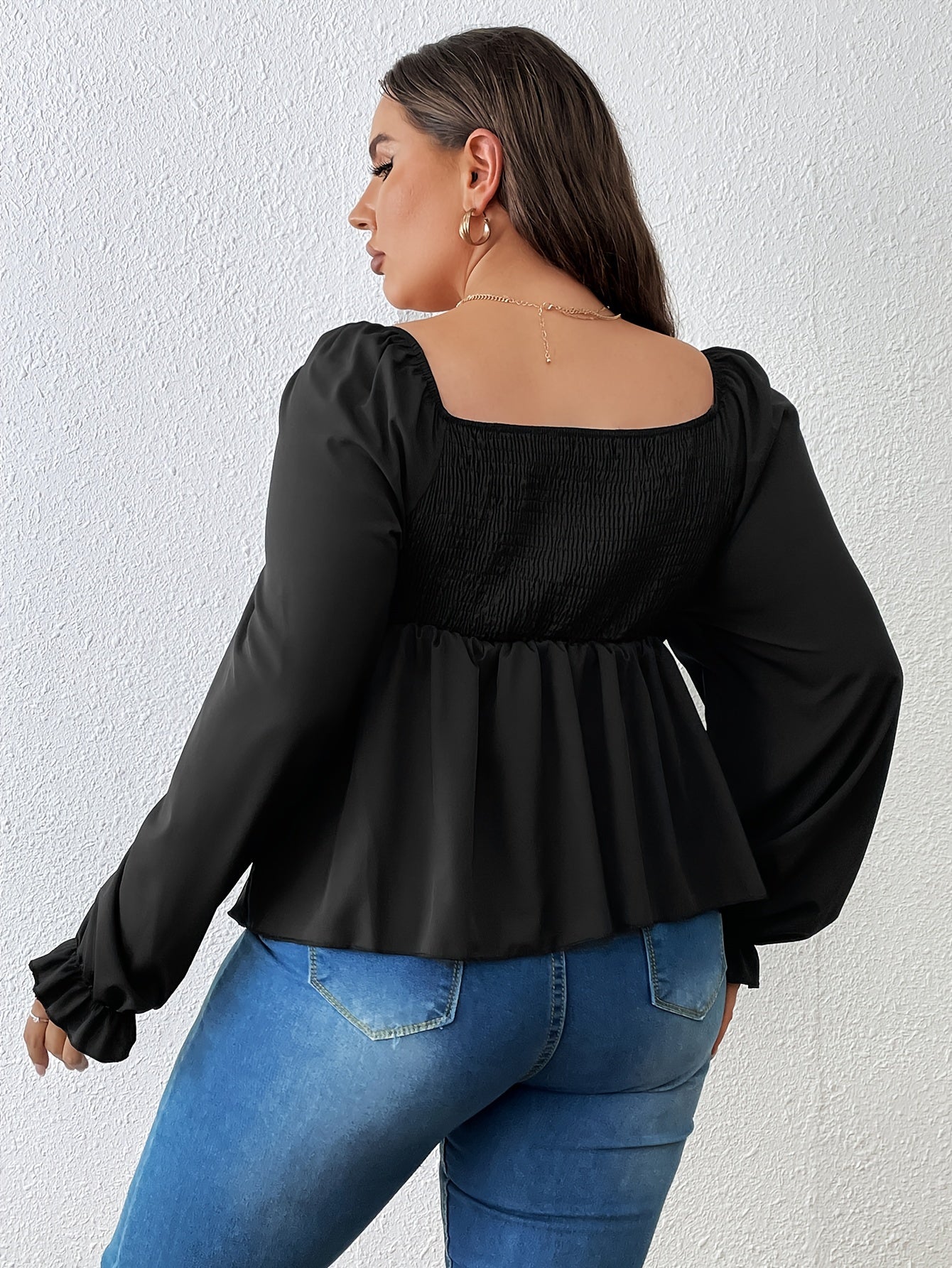 Solid Lantern Sleeve V Neck Knot Cut Out Peplum Top