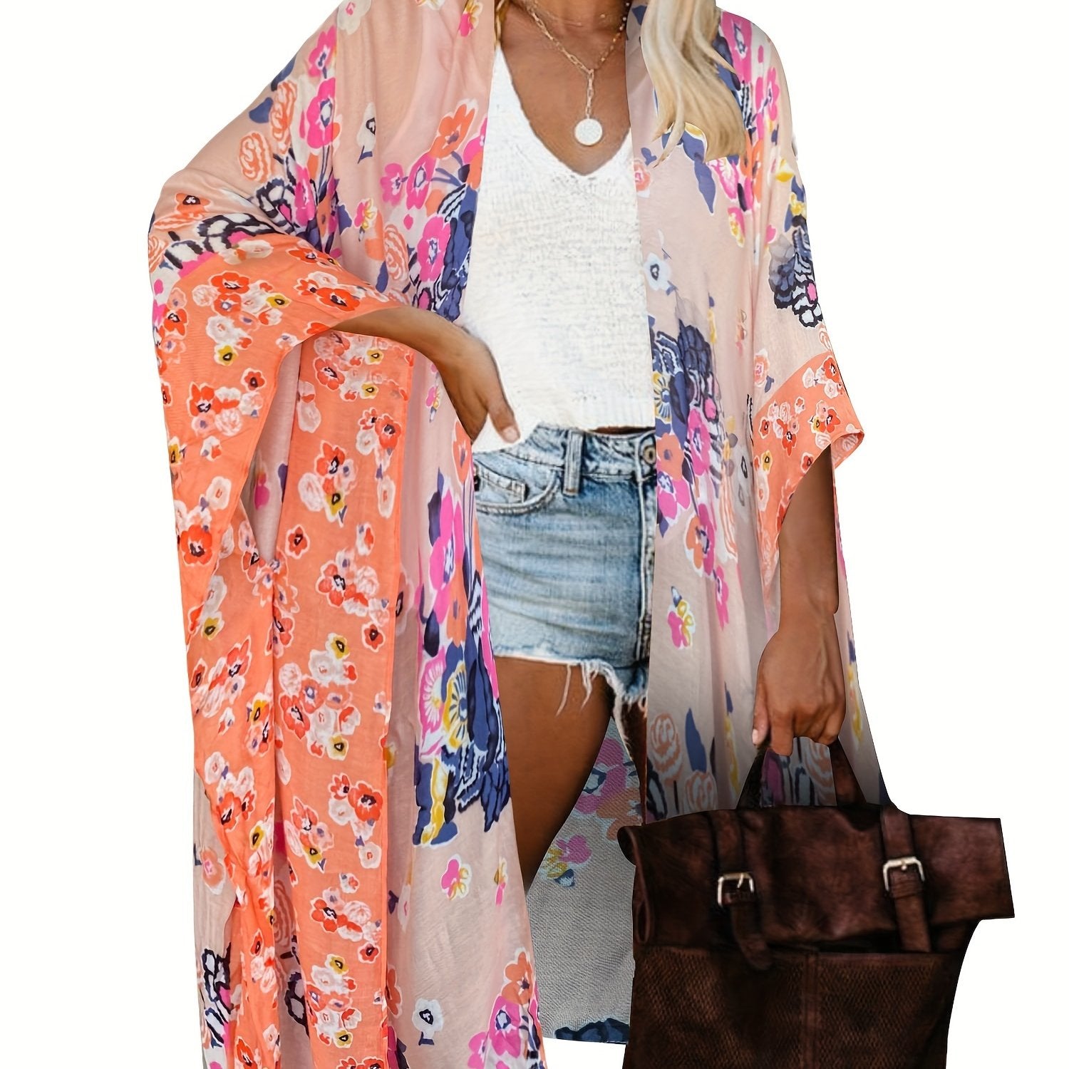 Floral Print Batwing Sleeve Plus Size Beach Kimono Cover Up