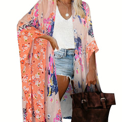 Floral Print Batwing Sleeve Plus Size Beach Kimono Cover Up