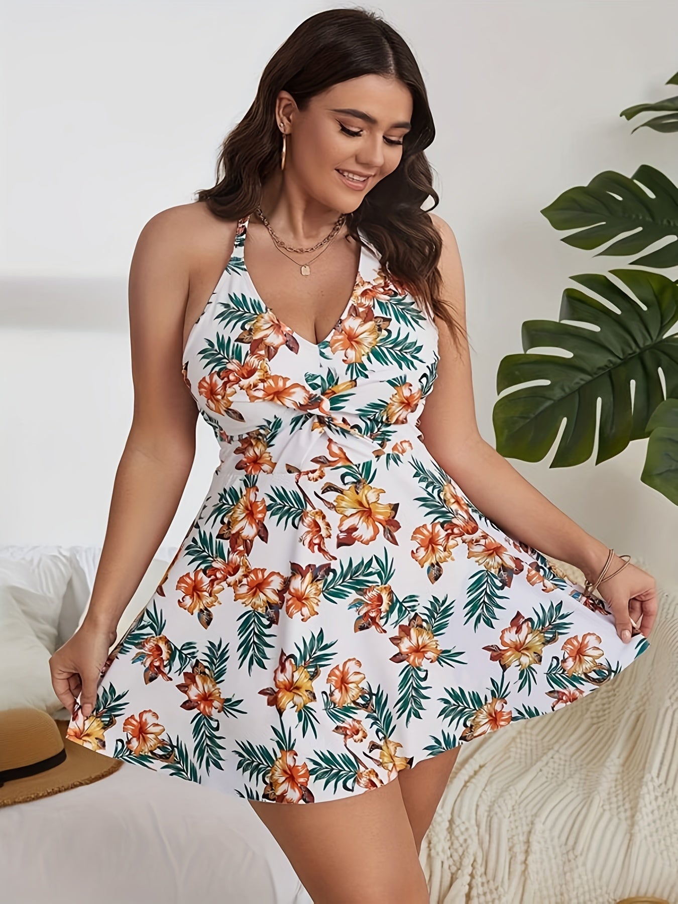 Tropical Print Halter Neck Backless Tankini Set