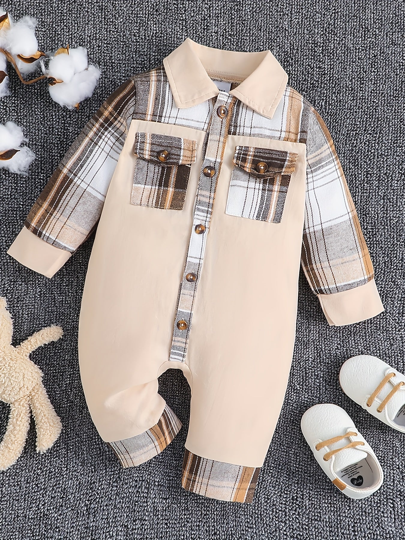 Baby Boys Long Sleeve Plaid Romper Cotton Jumpsuit Fall Winter