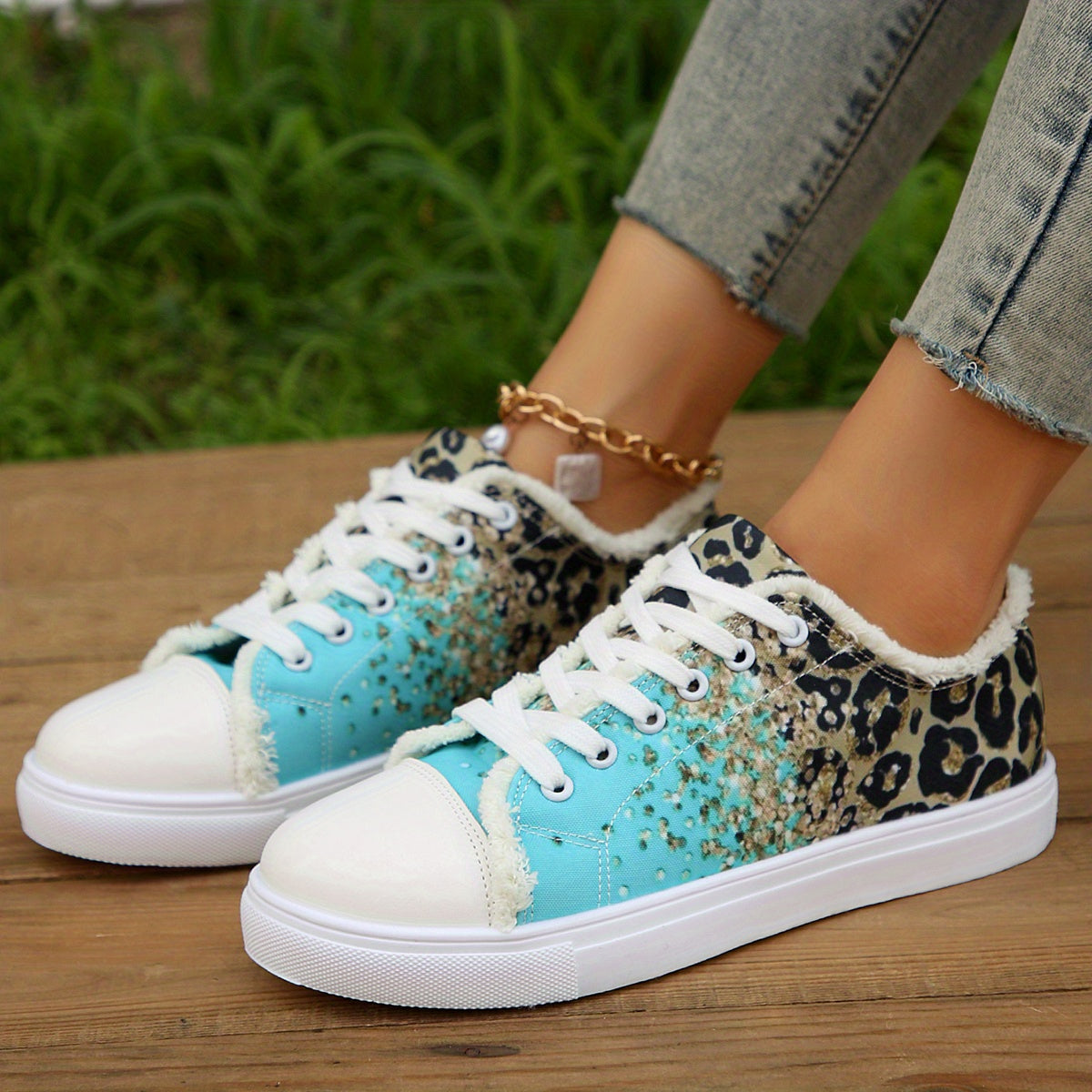 Leopard Colorblock Sneakers Lace Up Low Top Canvas Shoes