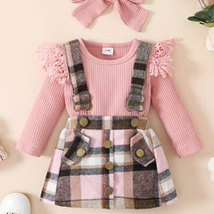 3pcs Baby Girls Long Sleeve Onesie & Plaid Suspender Skirt Set