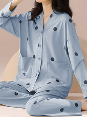 Polka Dot Pajama Set Long Sleeve V Neck Top & Pants Women's Sleepwear