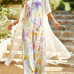 Casual Loose 2pc Set Short Sleeve Cover Up & Floral Print Maxi Dress