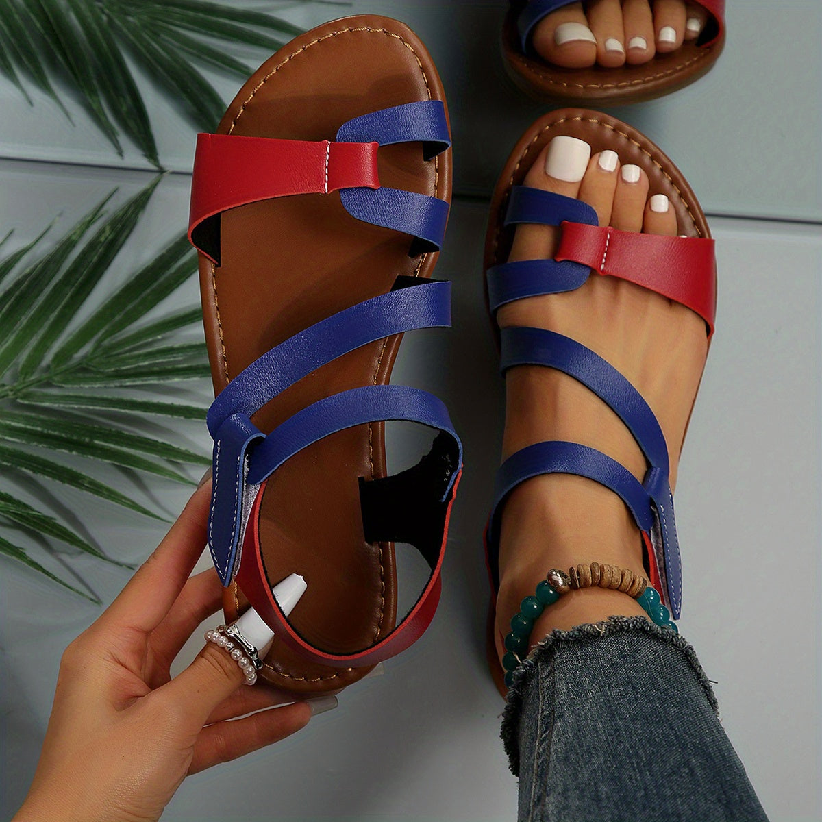 Women's Contrast Flat Sandals Hook & Loop Strap Lightweight Beach Sandals