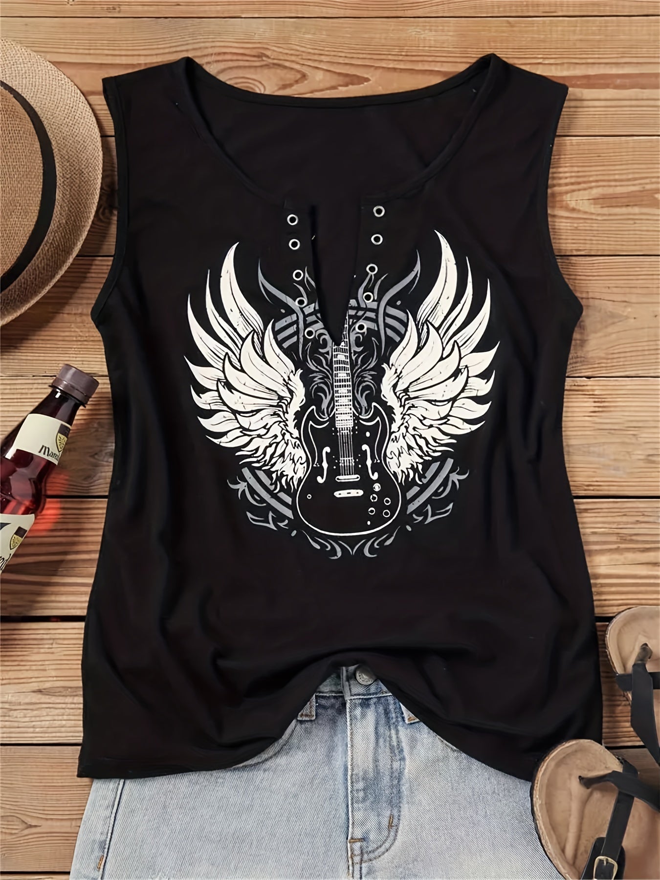 Guitar & Wing Print V Neck Tank Top Women's Sleeveless Summer Casual Top