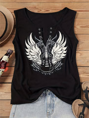 Guitar & Wing Print V Neck Tank Top Women's Sleeveless Summer Casual Top