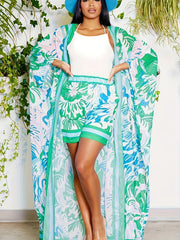 Boho 2 Piece Set Women's Floral Bat Sleeve Cover Up & Shorts