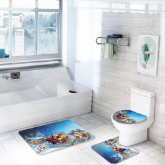 Christmas Shower Curtain Set Santa Reindeer Snowman Print Toilet Seat Cover