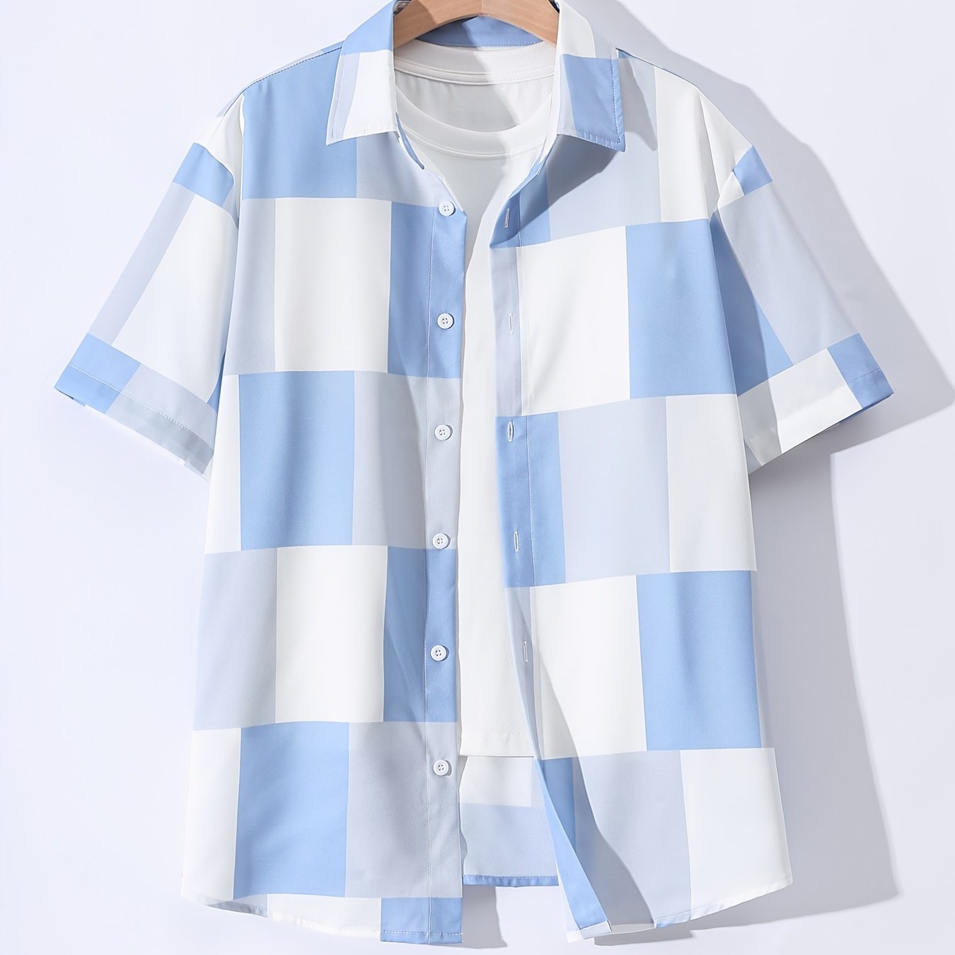 Grid Pattern Men's Short Sleeve Shirt - Summer Casual Button Up
