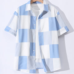 Grid Pattern Men's Short Sleeve Shirt - Summer Casual Button Up
