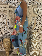 Plant Print Tie Front Jumpsuit Tank Jumpsuit For Spring & Summer