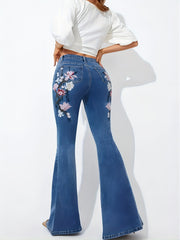 Floral Embroidery Flare Leg Jeans Medium Wash