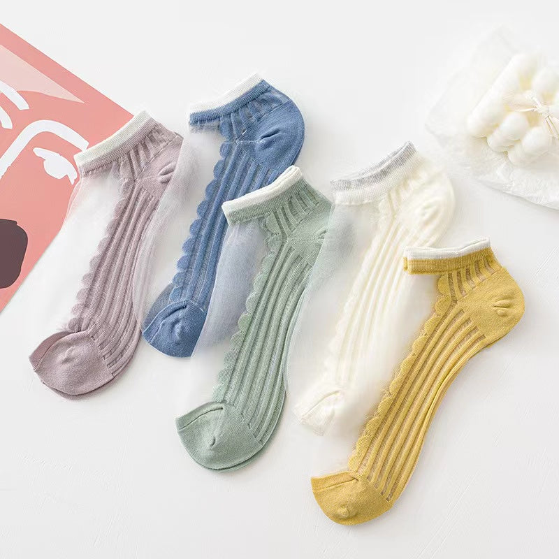 5 Pairs Lace No Show Socks Assorted Boat Socks Women's Stockings