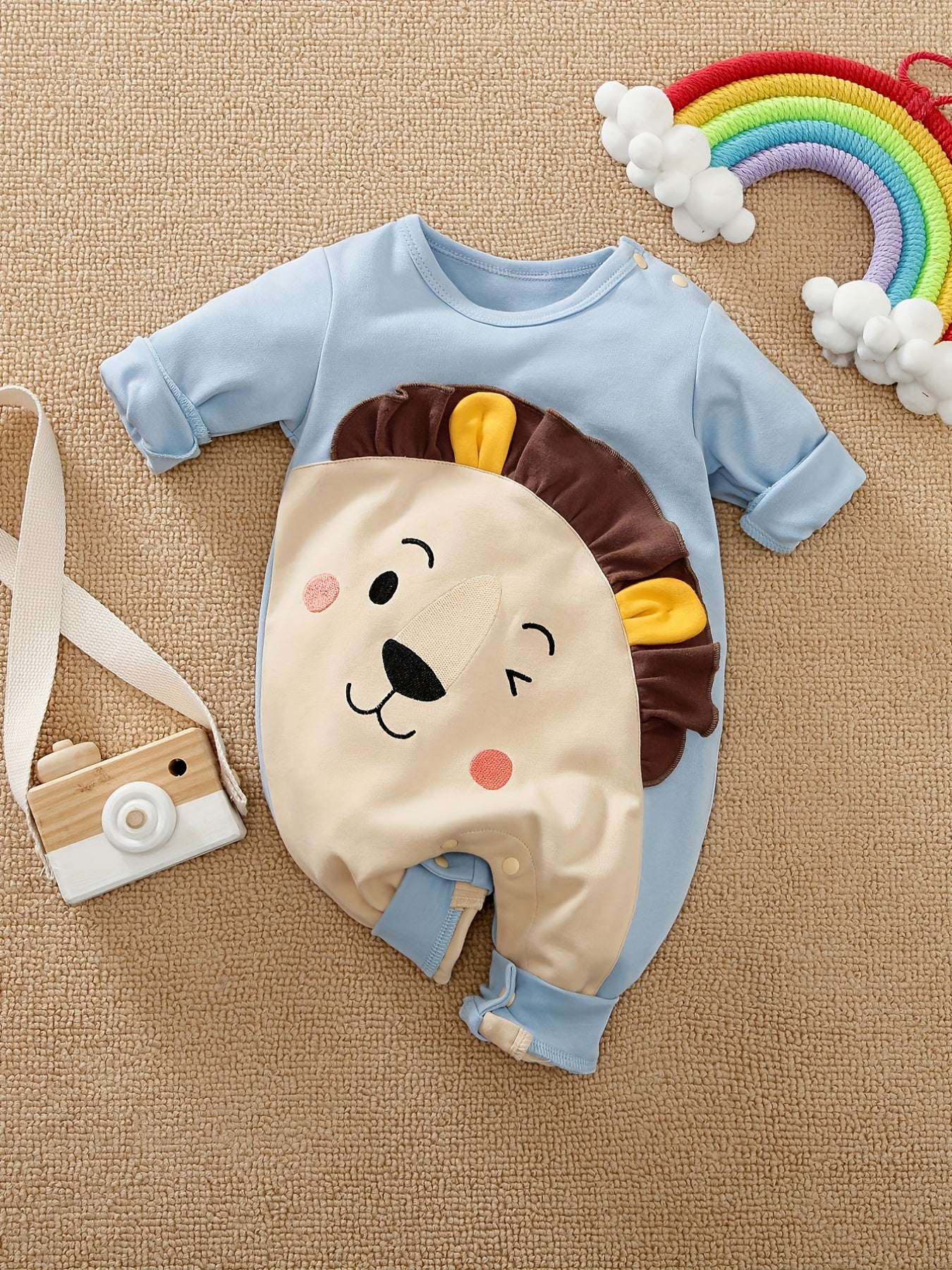 Lion Printed Long-sleeved Cotton Bodysuit with 3D Ears