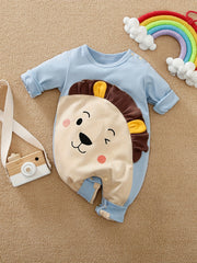 Lion Printed Long-sleeved Cotton Bodysuit with 3D Ears