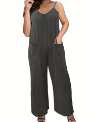 Casual Sleeveless Wide Leg Jumpsuit with Patched Pockets