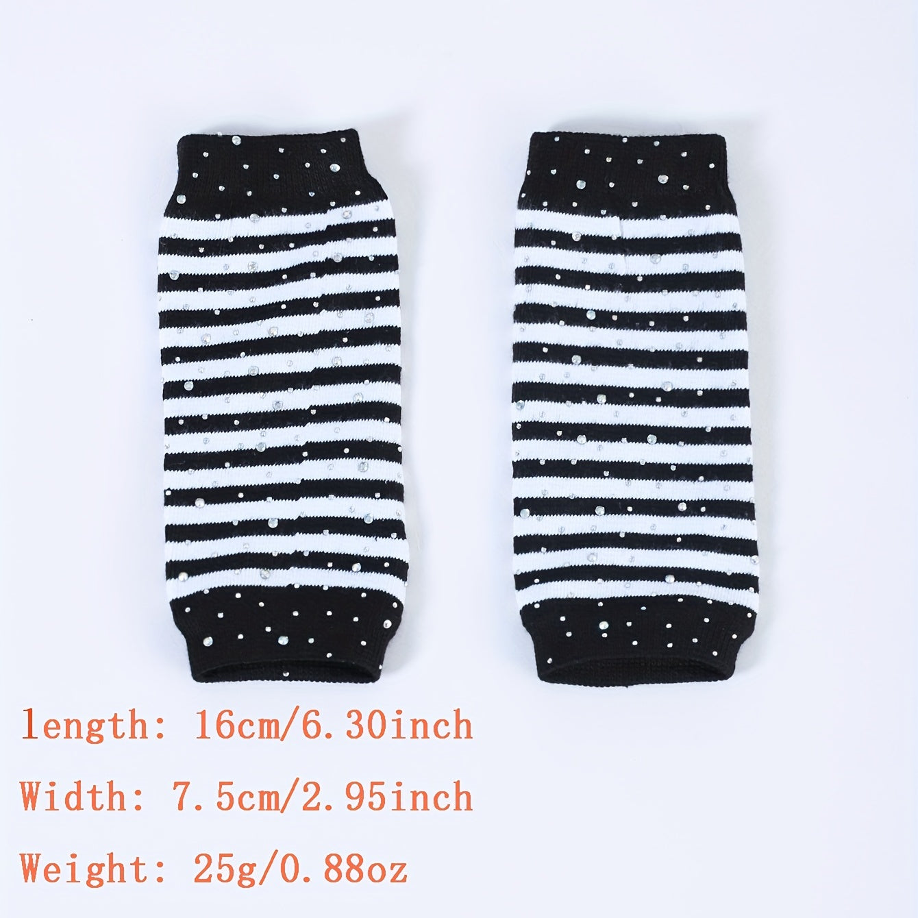 Striped Knitted Short Gloves with Rhinestone Decor