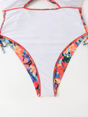 Tropical Print Side Drawstring Cut Out One Piece Beachwear Swimsuit