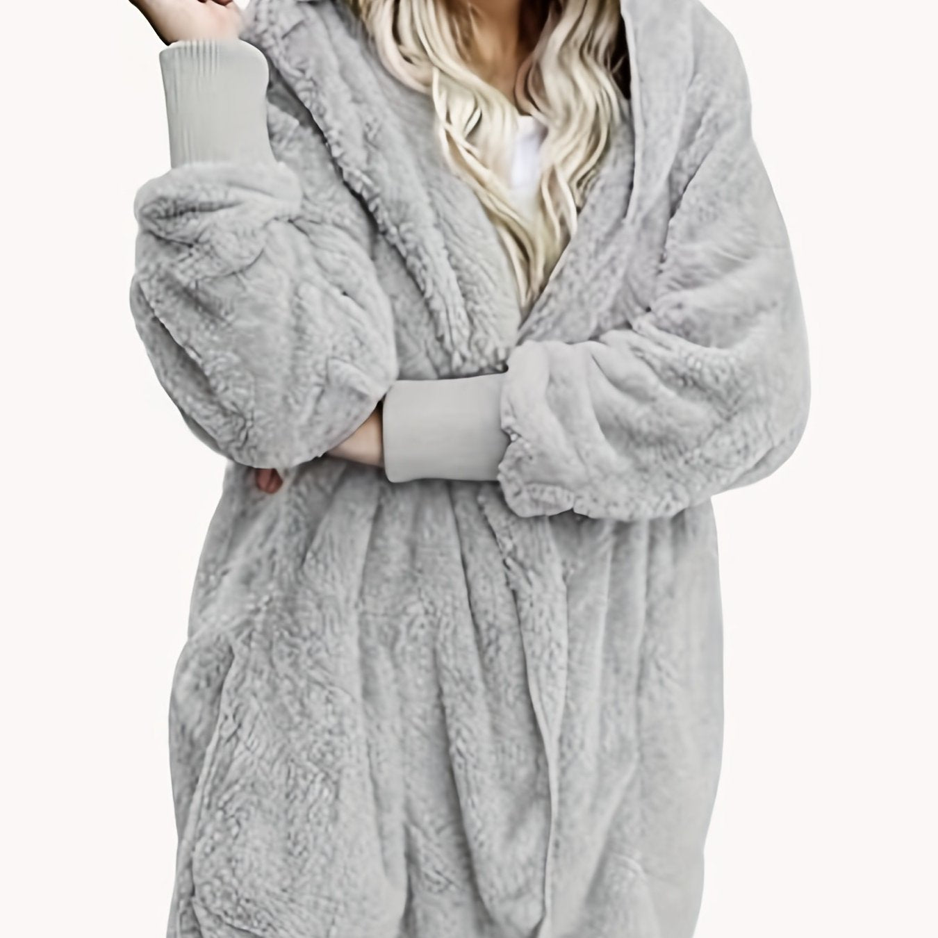 Solid Hooded Fuzzy Coat Long Sleeve Open Front Coat