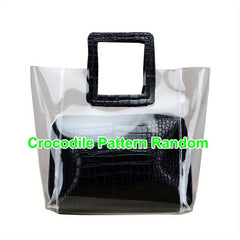 2pcs Transparent Tote Bag Set Crocodile Pattern Handle